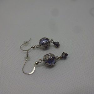 Stunning "LAVENDER PEARL & CRYSTAL" Handmade Silver Dangle Earrings #217